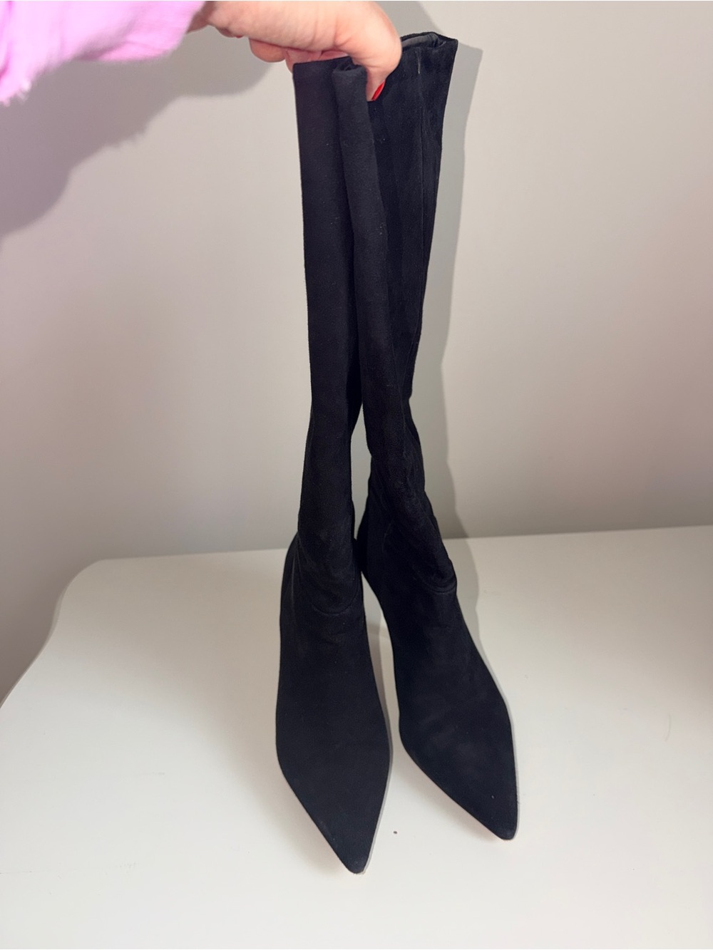 Larroude/Size 8.5 Kate Black Suede Knee-High Pointed-Toe Stiletto Boots - Picture 7 of 8